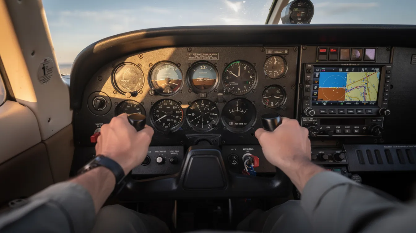 The image shows a pilot's hands resting on the yoke inside a small aircraft cockpit, featuring analog instruments and a GPS screen on the instrument panel, indicative of a piper aircraft like the PA-28, commonly used for flight training and personal flying. The traditional flight control configuration and the layout of the cockpit suggest a focus on general aviation and training purposes.