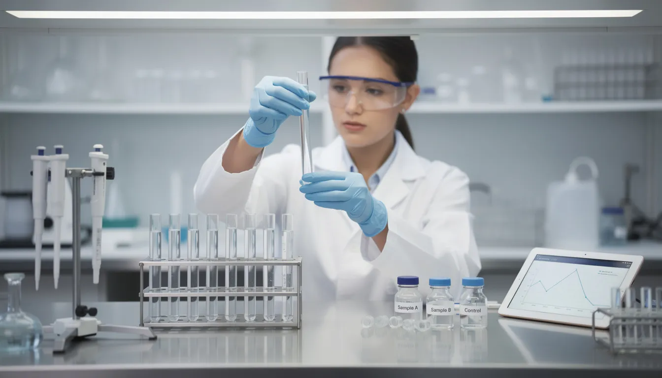 A laboratory scientist is intently examining test tubes filled with clear liquid samples, potentially related to research on cellular health and biological age. This setting highlights the ongoing human clinical trials aimed at understanding the effects of NAD supplementation and its role in age-related diseases and cellular rejuvenation.