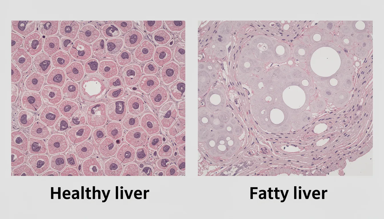 The image shows a microscopic view comparing healthy liver tissue on the left with fatty liver tissue on the right, highlighting the differences in cellular structure and composition. This visual representation emphasizes the importance of metabolic health and the potential risks associated with conditions like insulin resistance, which may be influenced by factors such as diet and supplementation, including nicotinamide mononucleotide (NMN).