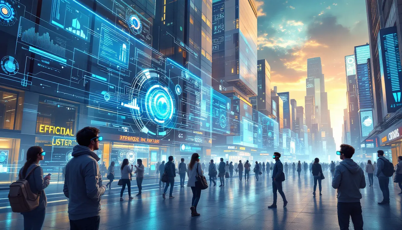 In this image, a person is engaging with a mixed reality headset, surrounded by a blend of digital and physical worlds. The scene illustrates how spatial computing technology enhances real-world environments by overlaying digital elements, creating immersive and interactive experiences.