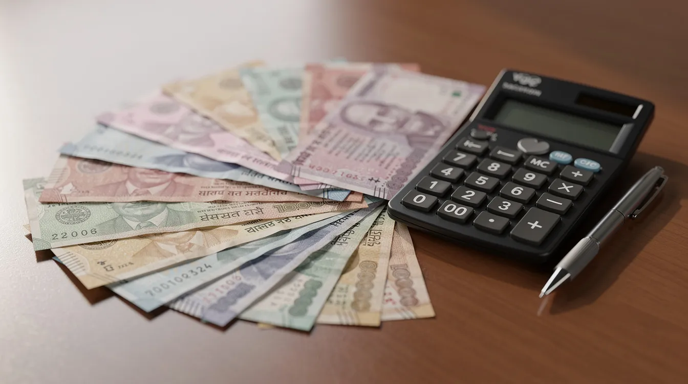 The image shows a collection of Indian currency notes fanned out on a table, accompanied by a calculator and a pen, suggesting a setting for financial calculations or banking activities. This scene may relate to managing a bank account or preparing details for a transaction involving banks in India.
