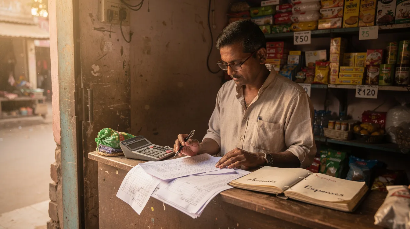 8413dae4 9d08 4590 8bf4 900f67d5cf97 A small business owner is attentively reviewing financial documents at a shop counter in India, assessing their eligibility for mudra loans to support their micro enterprise. The scene captures the essence of entrepreneurship as they consider funding options from various financial institutions to enhance their business plan.