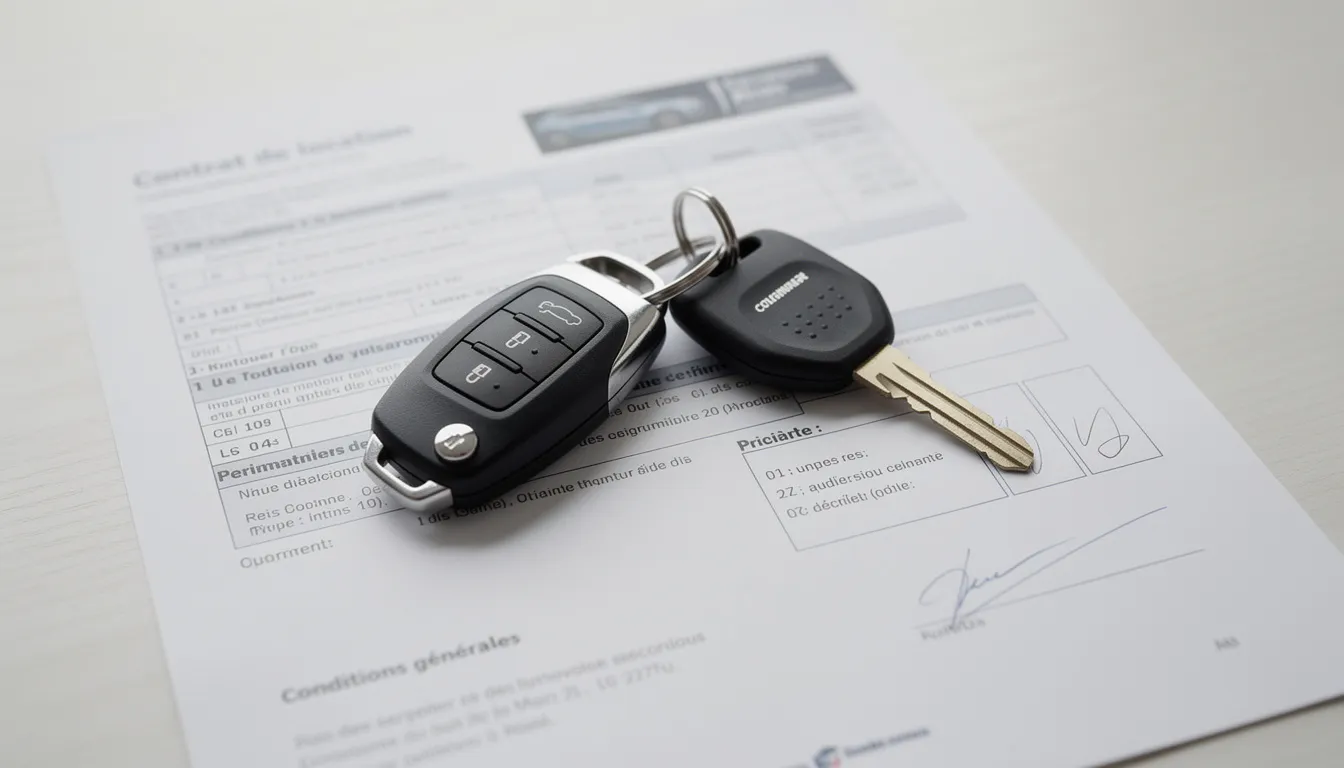 L'image montre des clés de voiture posées sur des documents de location, évoquant une situation de prise en charge d'un véhicule chez Hertz. Les documents peuvent inclure un contrat de location, des informations sur la réservation et des détails pour le service client.