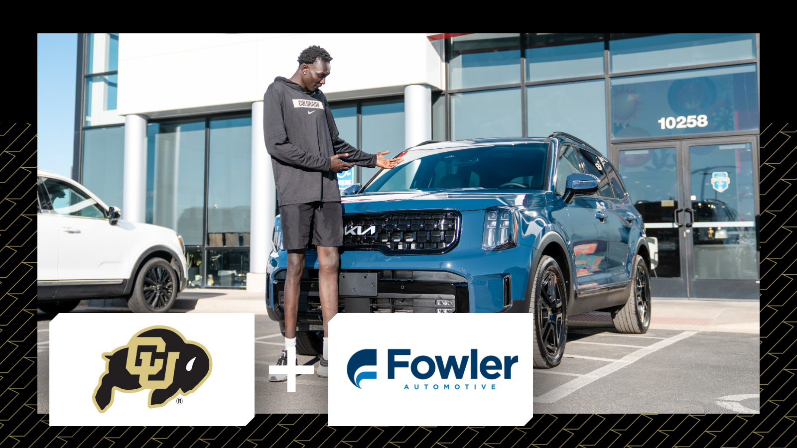 University of Colorado athlete excitedly standing beside a new blue car provided by Fowler Automotive as part of an NIL partnership.
