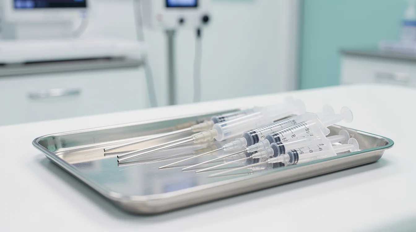 The image shows a close-up of a sterile surgical tray containing thin metal cannulas and syringes, set in a bright clinical room, ready for a liposuction surgery procedure using local anesthesia. This minimally invasive technique aims for body contouring by removing unwanted fat with precision.