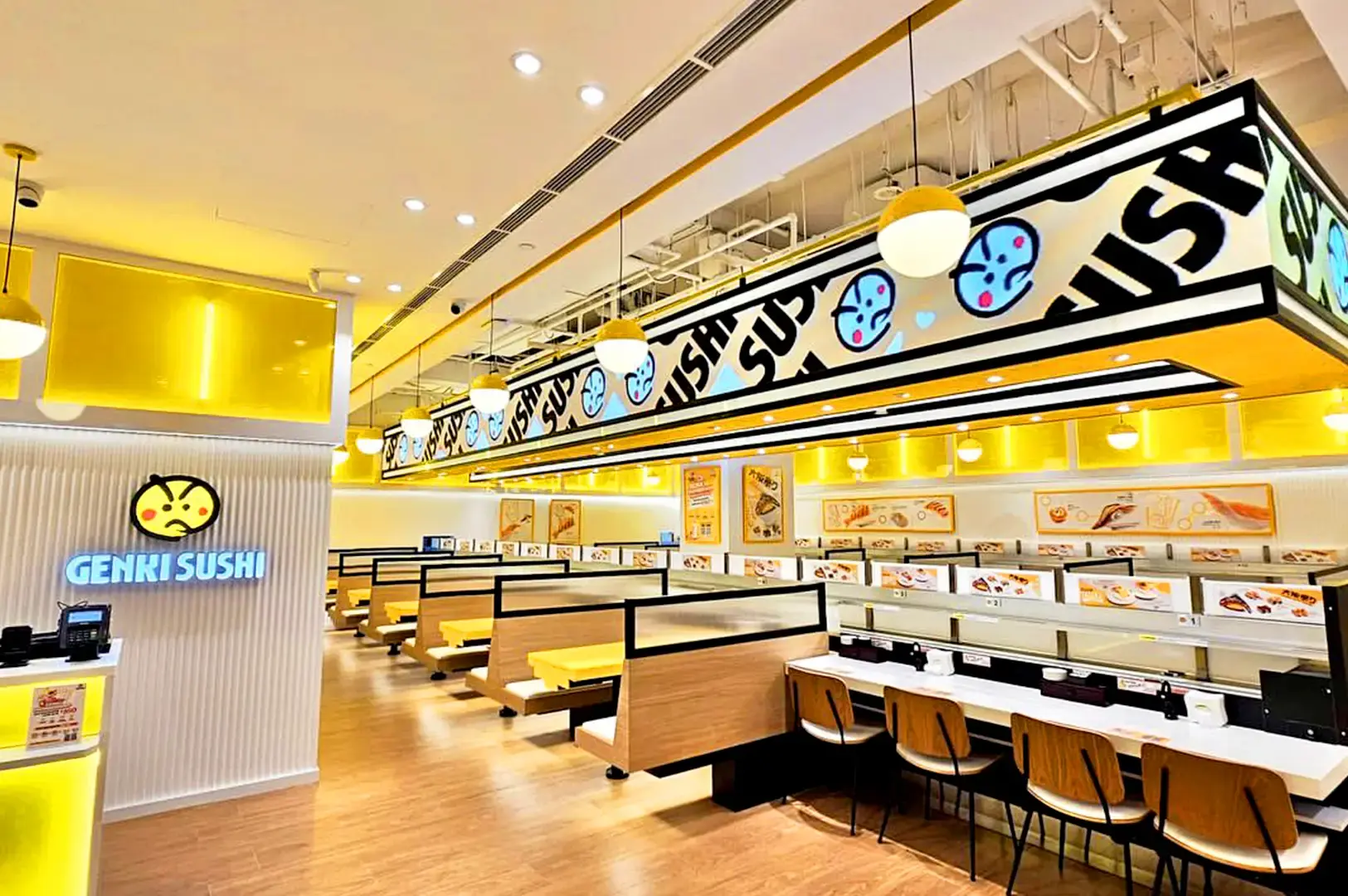 Genki Sushi Singapore restaurant interior with conveyor belt sushi dining area and modern Japanese décor