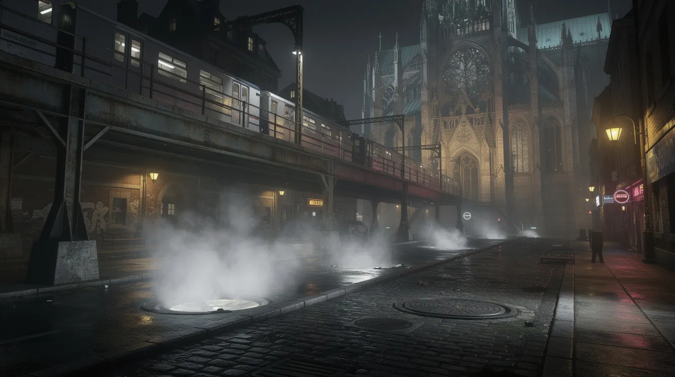 Die dunkle Stadtlandschaft von Gotham City bei Nacht zeigt eine Hochbahn, die über enge Gassen schwebt, während Dampf aus den Kanalschächten aufsteigt. Im Hintergrund sind beeindruckende gotische Architektur und die düstere Atmosphäre der Stadt zu erkennen, die an die Welt von "Batman Begins" erinnert.