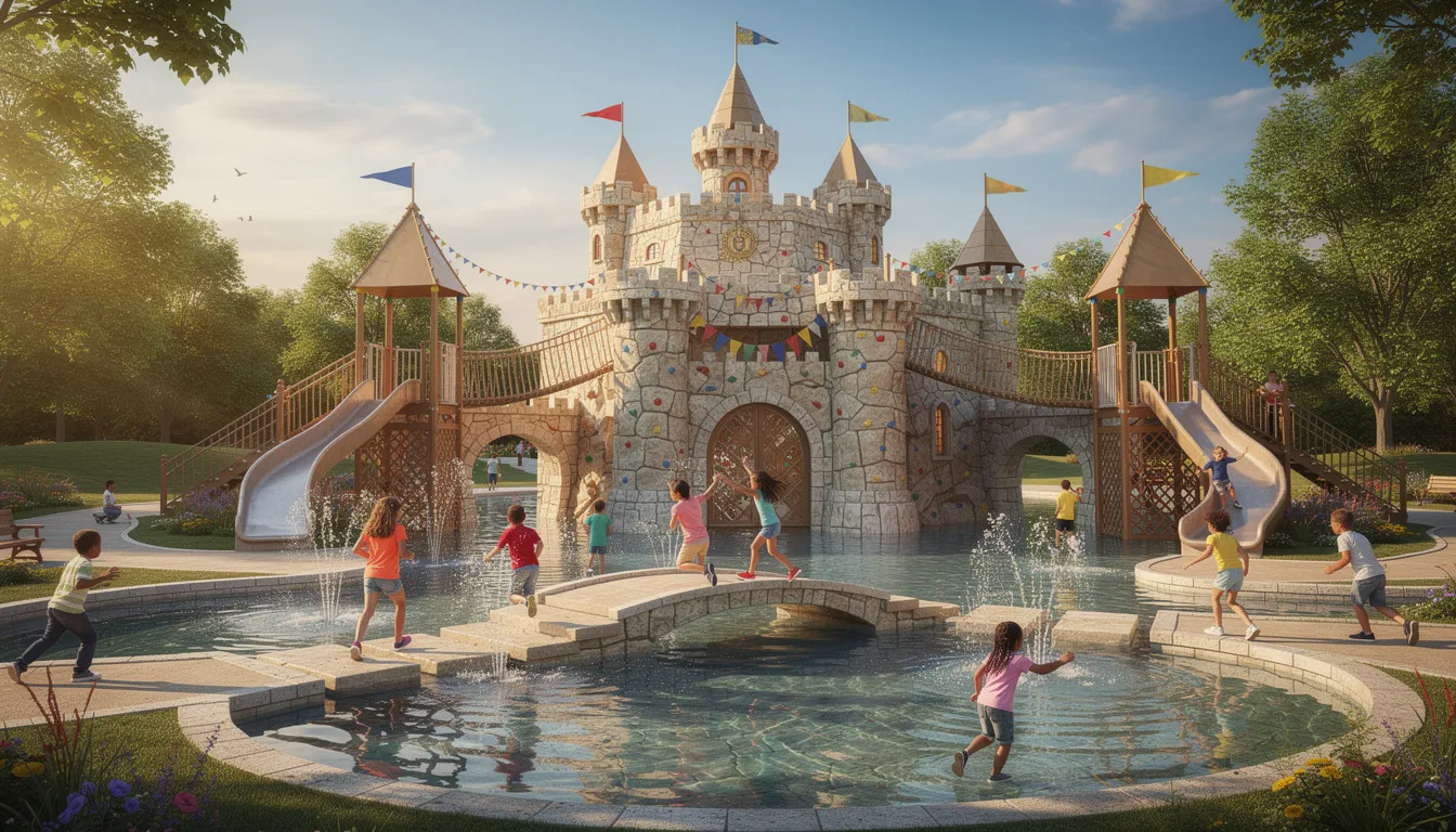 Children are joyfully playing in a castle-themed playground, surrounded by sparkling water features, creating a fun atmosphere for families at Coconut Point Mall in Estero, Florida. This vibrant spot offers an ideal place for kids to enjoy their day while parents can explore nearby restaurants and shops.