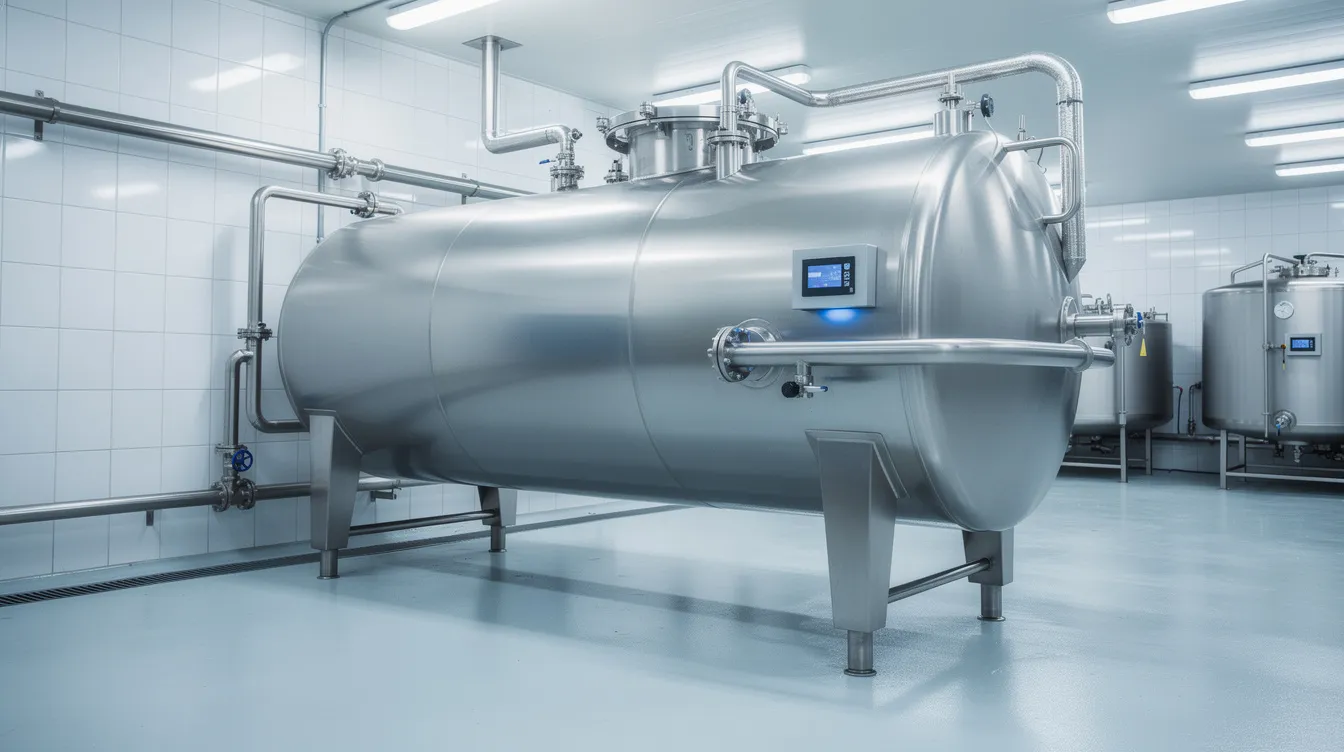 The image shows a large stainless steel bulk milk cooling tank located inside a dairy chilling centre, designed for efficient milk collection and storage. This essential piece of equipment is crucial for maintaining the quality of raw milk before it is processed into dairy products like cheese and butter.