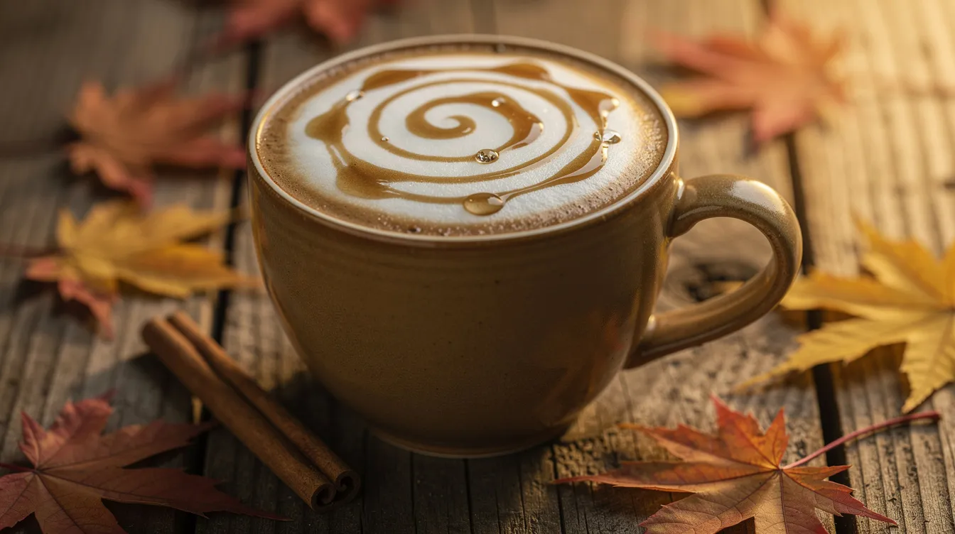Kubek jesiennej hojicha latte ze spiralą syropu klonowego na piance, laski cynamonu i liście klonu