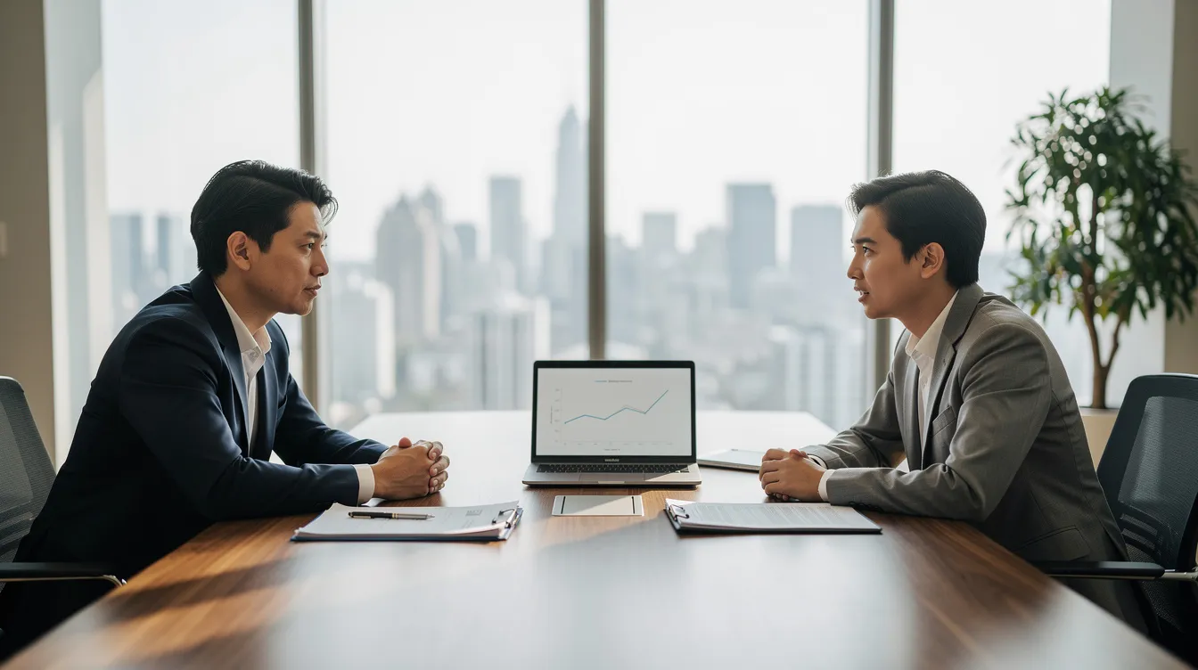 A person is calmly consulting with a financial advisor across a desk in a modern office, discussing topics such as debt restructuring and repayment plans. The setting reflects a professional atmosphere, emphasizing the importance of financial guidance and support for debt management.