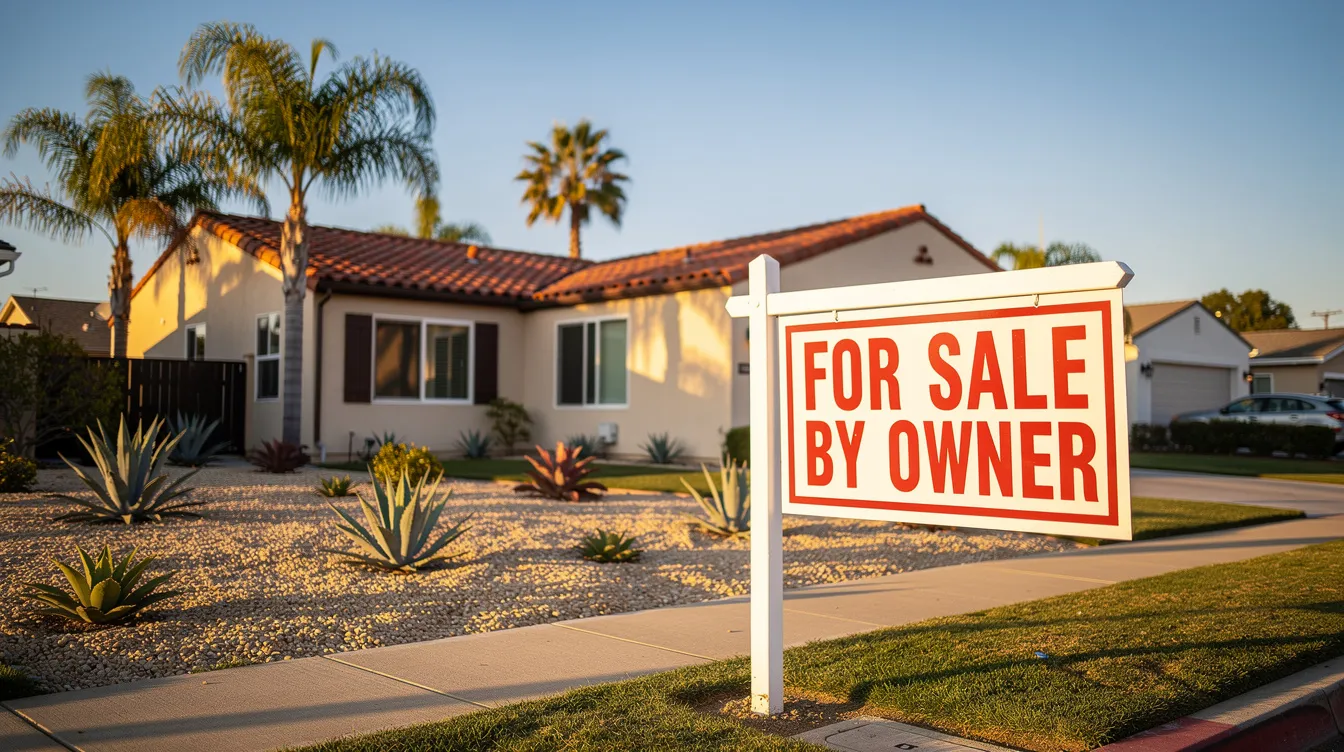 La imagen muestra un cartel de "Se vende por el propietario" frente a una encantadora casa en el sur de California, lo que demuestra la opción que tienen los vendedores particulares de vender su casa sin la ayuda de un agente inmobiliario. El entorno vibrante y el cuidado jardín atraen a posibles compradores, resaltando el atractivo del mercado local.