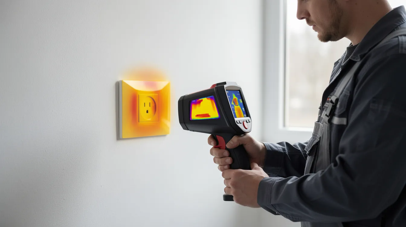 A licensed electrician is using a handheld thermal camera to inspect a wall outlet, which appears warm, indicating potential electrical issues. The thermal camera helps identify if the electrical outlet feels hot due to excessive heat buildup, possibly from an overloaded circuit or faulty wiring.