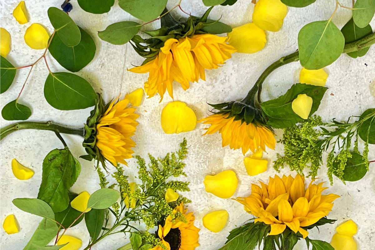 Add flower preservative for fresh flowers, sunflowers, petals, yellow roses and greenery, surface area, cut flower - Fabulous Flowers