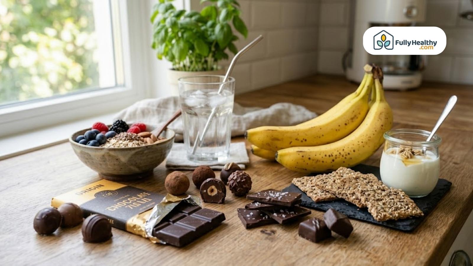 Assortment of chocolate sweets alongside bananas, yogurt, and healthy snacks