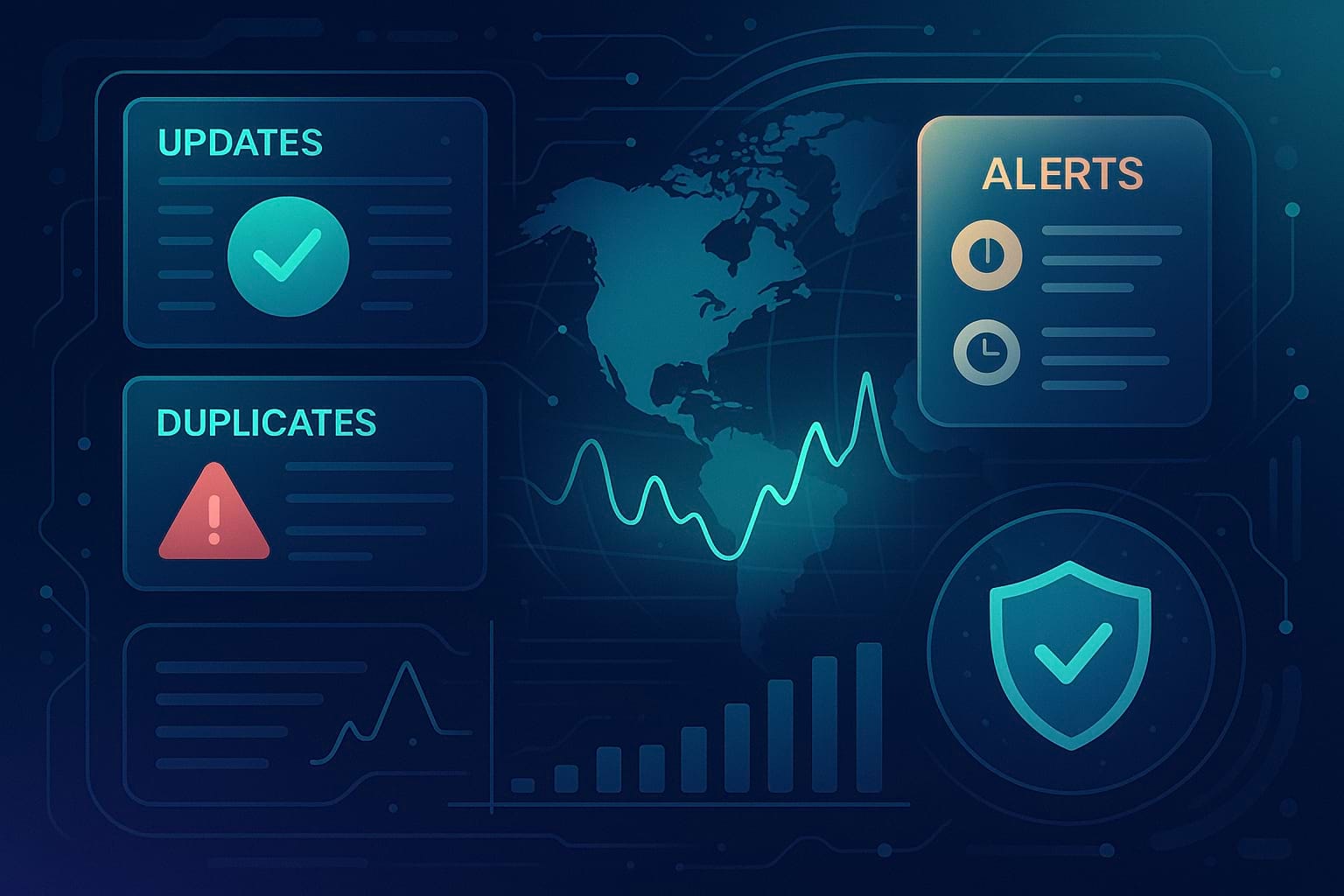 Futuristic monitoring dashboard with global map, real-time data graphs, system alerts, duplicate detection, and security shield icon visualizing sync technology
