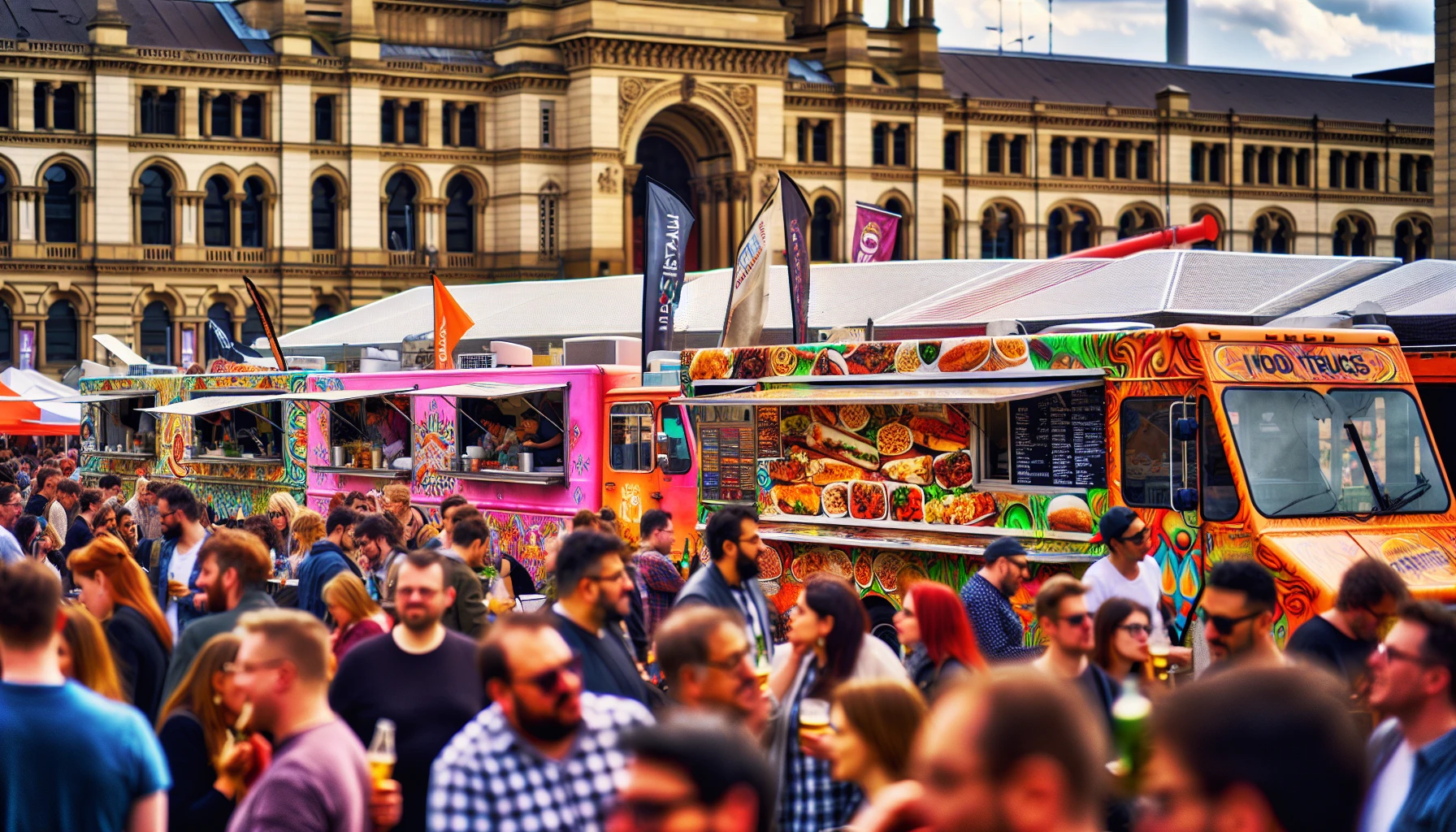 A lively street food festival with food trucks and enthusiastic attendees