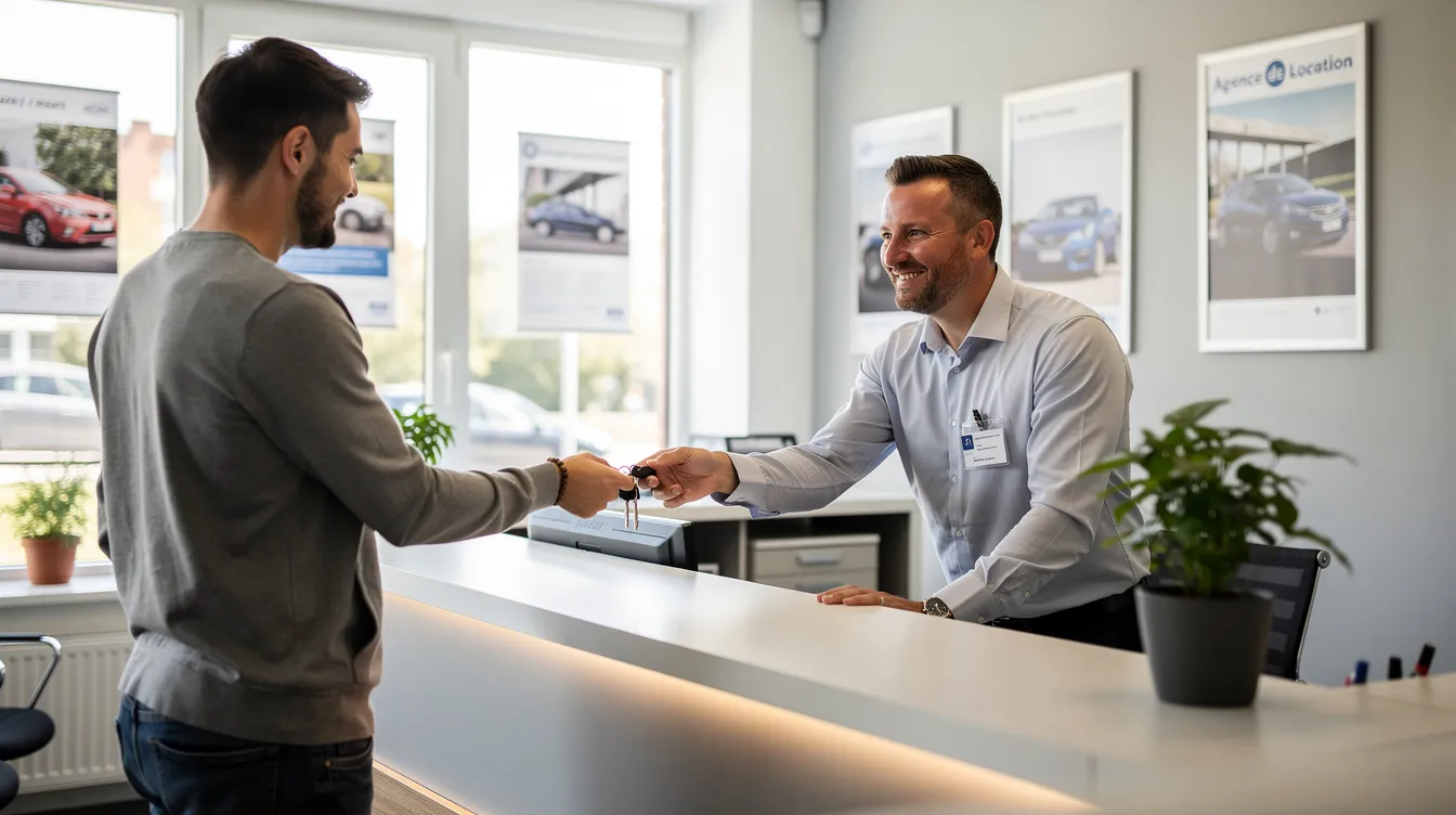Un gérant d'agence de location de voitures souriant se tient derrière un comptoir, remettant des clés de véhicule à un client satisfait. L'image évoque un service client de qualité dans une agence de location au Maroc, où les clients peuvent facilement réserver leur voiture pour explorer la ville.