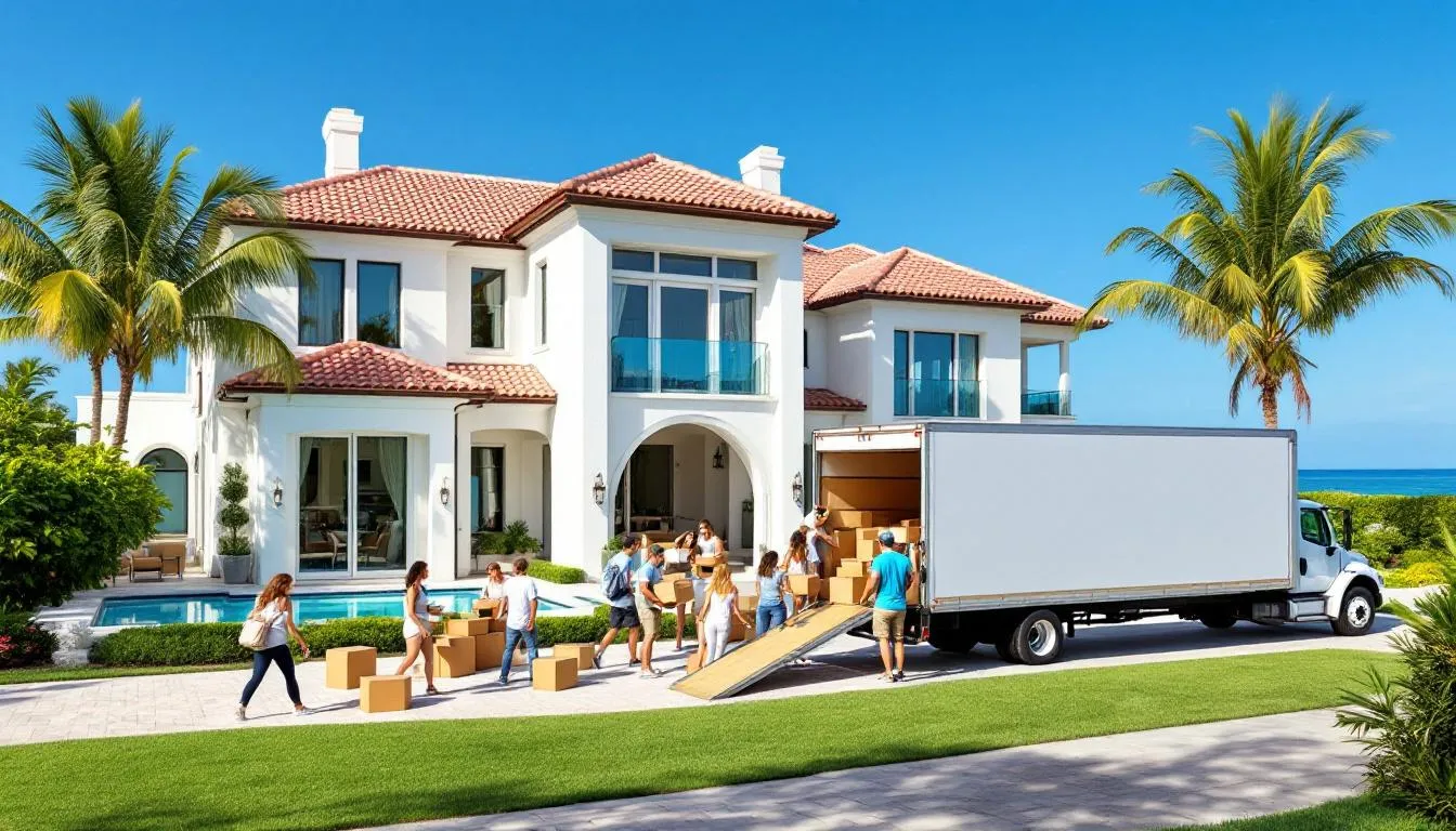  luxurious Florida house is depicted, showcasing a spacious interior with elegant furnishings and natural light streaming through large windows. The scene suggests a move out cleaning service, highlighting the importance of leaving the property in pristine condition for the next occupants, ensuring a clean slate for new homeowners.