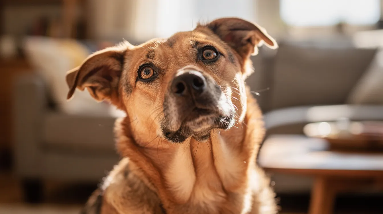 The image depicts a dog with a cute canine head tilt, showcasing its expressive facial features as it curiously listens to an interesting sound. This common behavior among dogs, such as German Shepherds, highlights their ability to optimize sound detection and engage in human interaction.