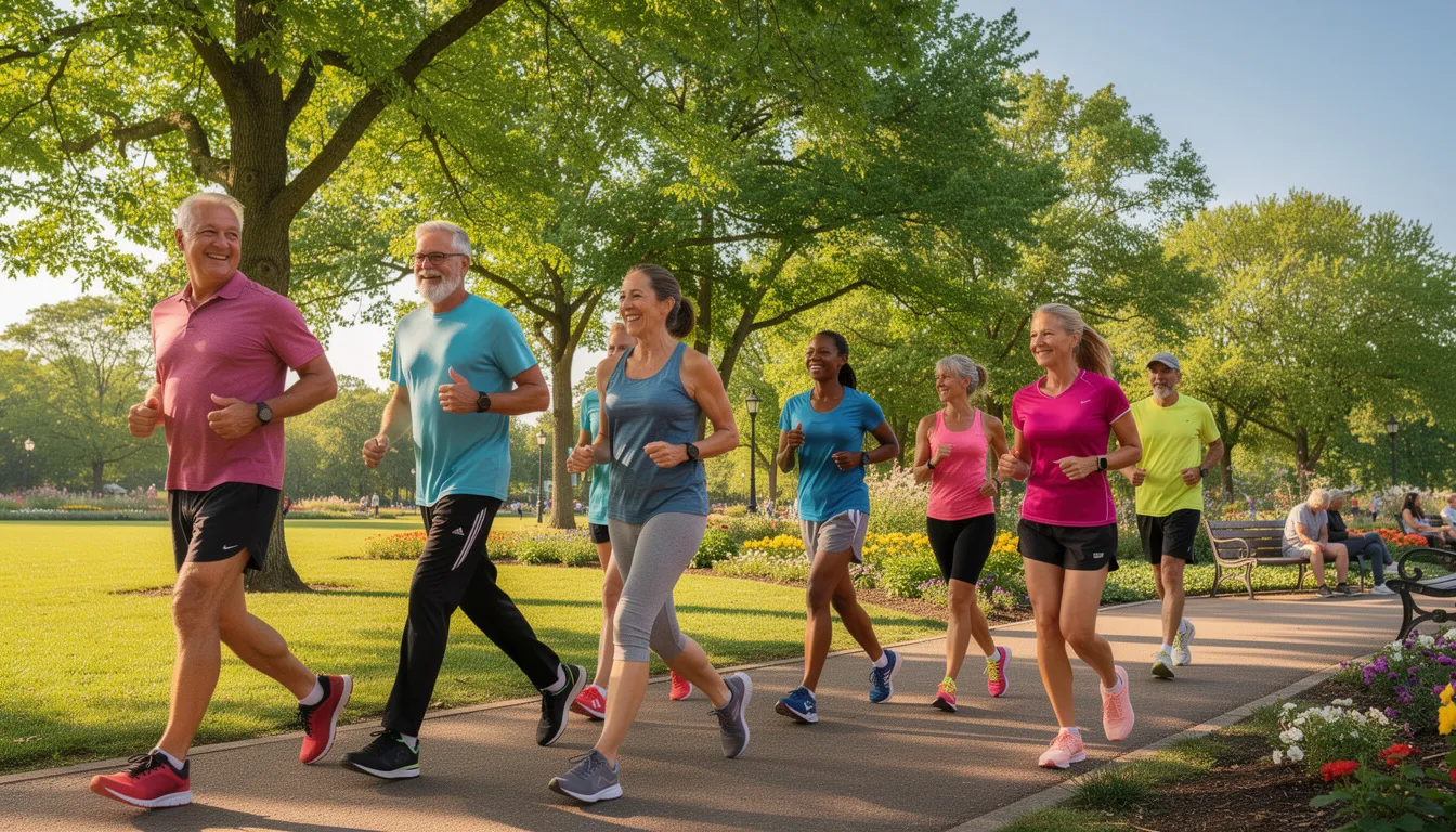 A group of middle-aged adults is exercising outdoors in a park, walking and jogging together, showcasing their healthy and active lifestyle. Engaging in such physical activities can help manage blood sugar levels, improve heart health, and reduce the risk factors for chronic diseases.