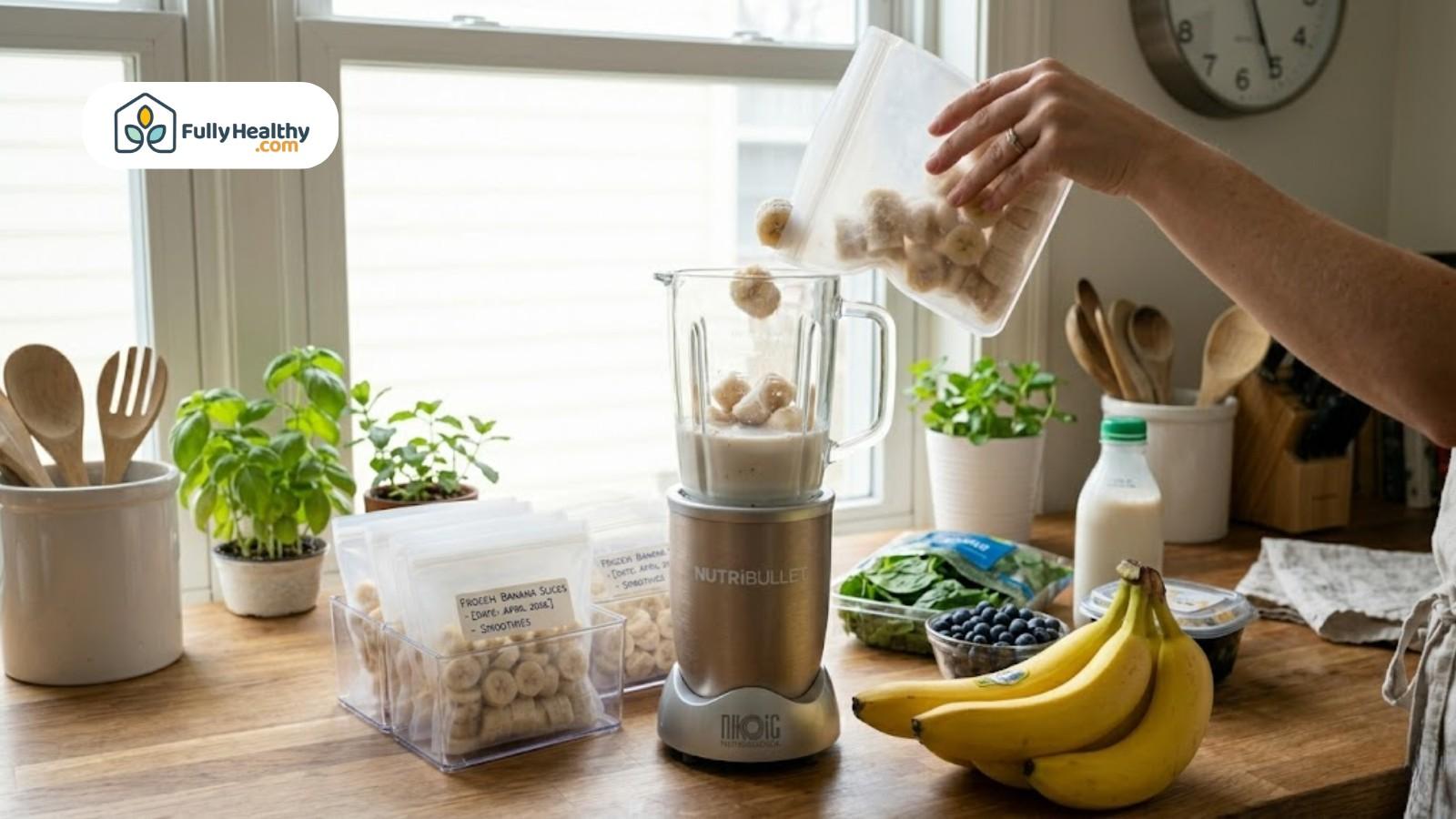 Adding frozen banana slices into blender for smoothie preparation at home