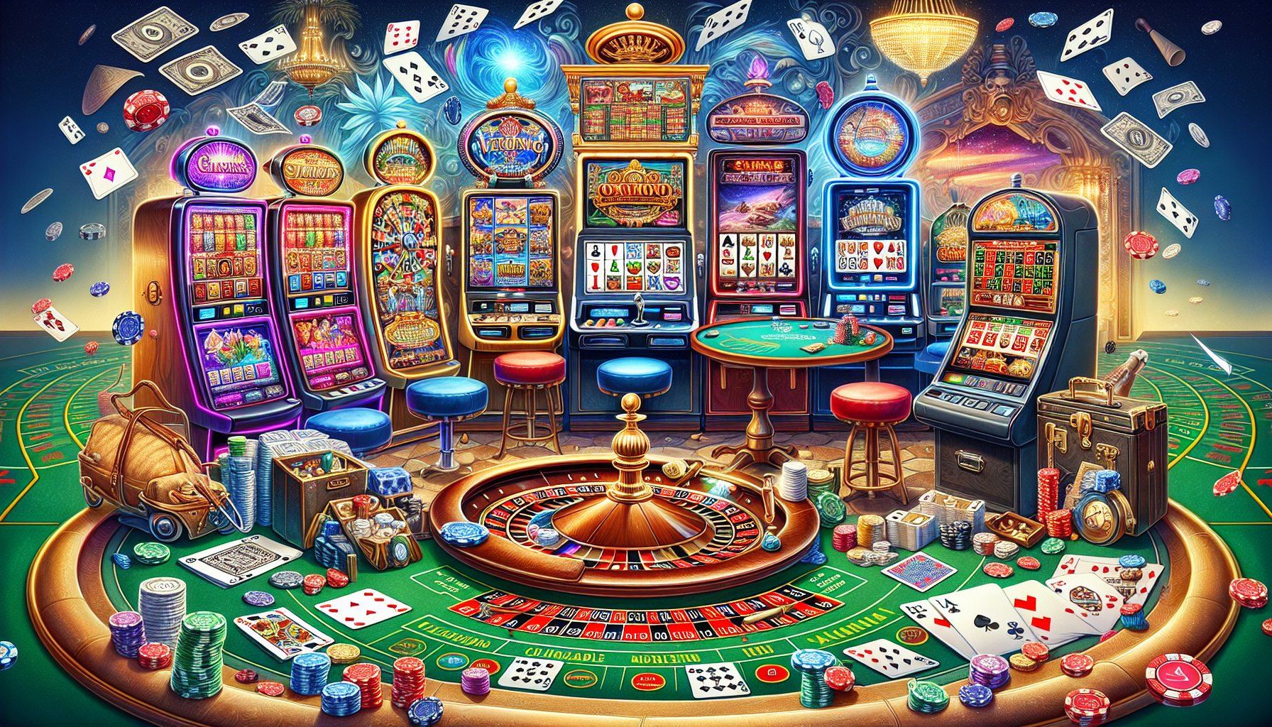 Colorful illustration of popular online casino games like slots, poker, blackjack, and roulette