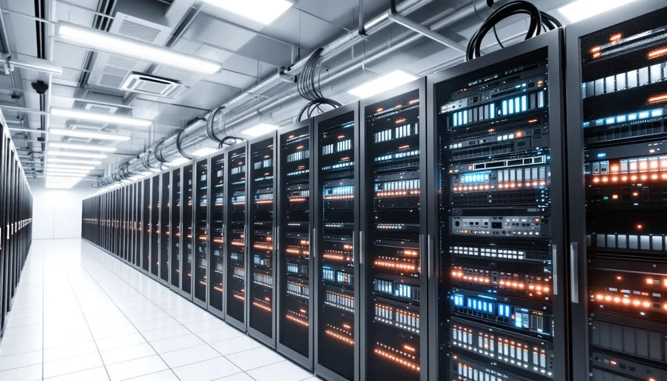 The image depicts a modern data center filled with rows of servers and networking equipment, showcasing advanced technology for data management and virtualization. This environment emphasizes security, efficiency, and scalability, essential for supporting organizations' big data and software development needs.