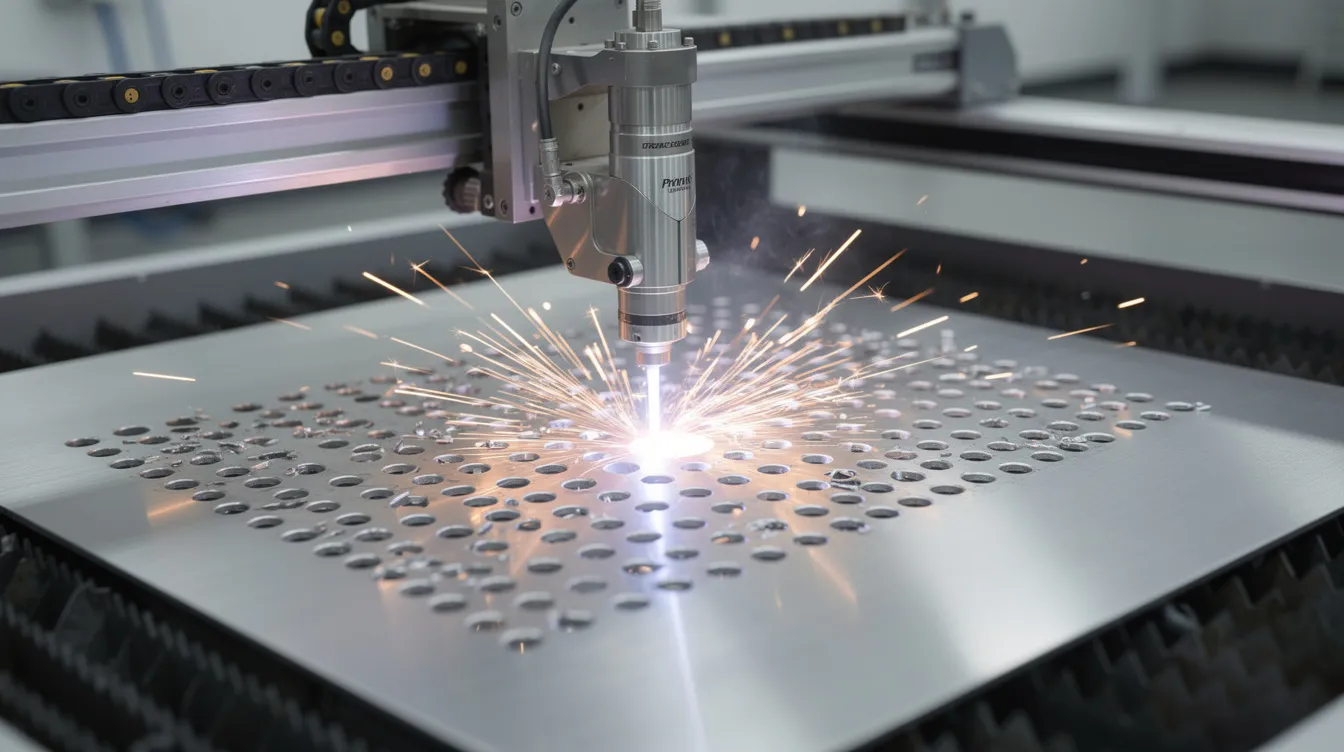 A precision CNC machine is shown cutting rivet hole patterns into a sheet of brushed aluminum, highlighting the intricate design of rivet holes that are essential for aircraft construction. The image captures the machine's accuracy as it processes the thin aluminum sheet, preparing it for assembly with solid and blind rivets.