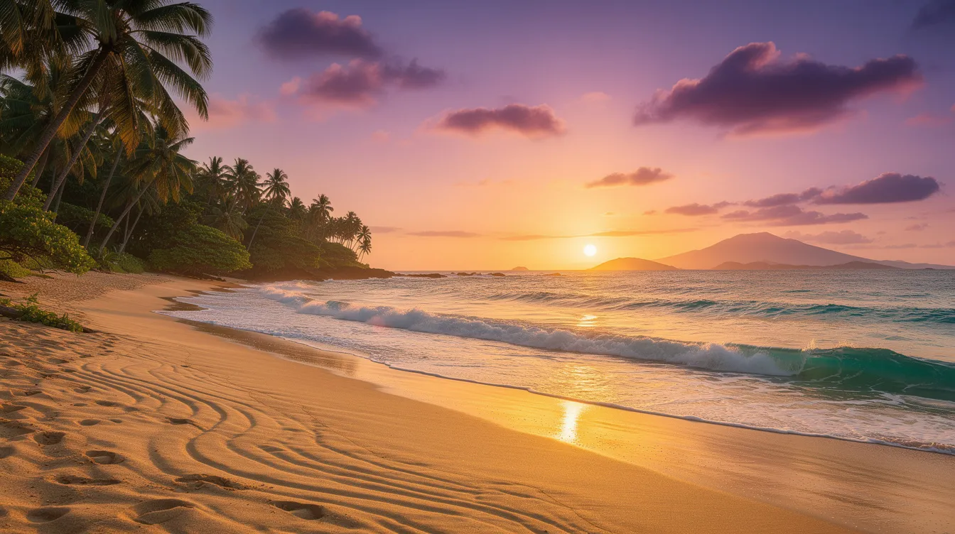 Een tropisch Hawaïaans strand met palmbomen en zachte golven bij zonsondergang, waar de lucht in warme tinten van oranje en roze kleurt. Dit serene tafereel roept een gevoel van rust en ontspanning op, perfect voor een ideale vakantie.