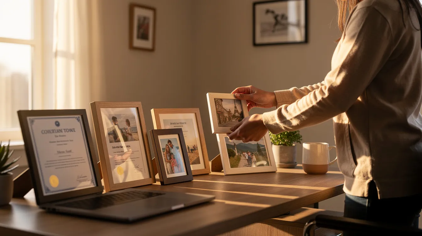 A person is carefully arranging framed documents and photos on a home office desk, illuminated by warm natural light, creating a cozy workspace that reflects their academic credentials and personal achievements. The scene captures a blend of professional and personal elements, suggesting the importance of authenticity in one's educational background and the potential risks of degree fraud.