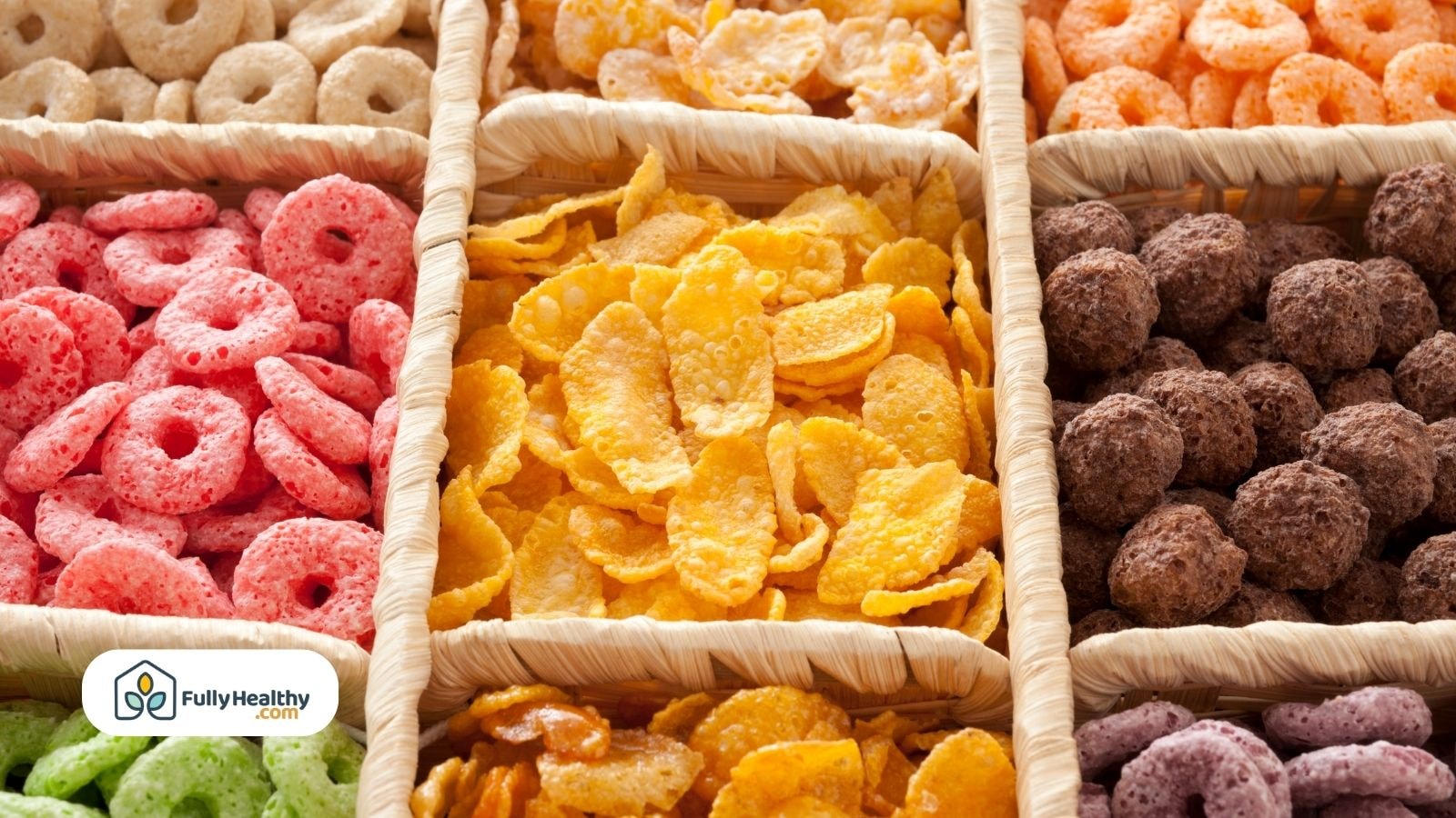 Assorted colorful cereals in baskets