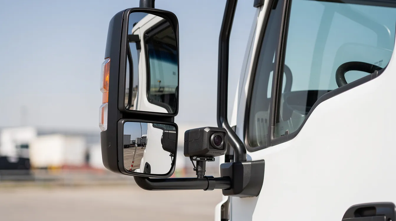 Types of MDVR Cameras for Fleet Vehicle: The image shows a commercial truck side mirror with a mounted blind-spot camera attached to the mirror arm, enhancing driver safety by providing real-time video streaming of the surrounding environment. This advanced driver assistance system is crucial for fleet managers and operators to monitor blind spots and improve overall fleet safety.