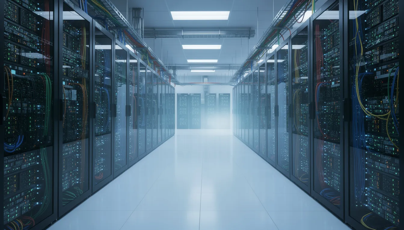The image depicts a modern server room filled with rows of servers, each adorned with blinking lights that signal active data processing. This high-tech environment is essential for software development companies that focus on bespoke software solutions, ensuring operational efficiency and tailored functionalities to meet unique business processes.
