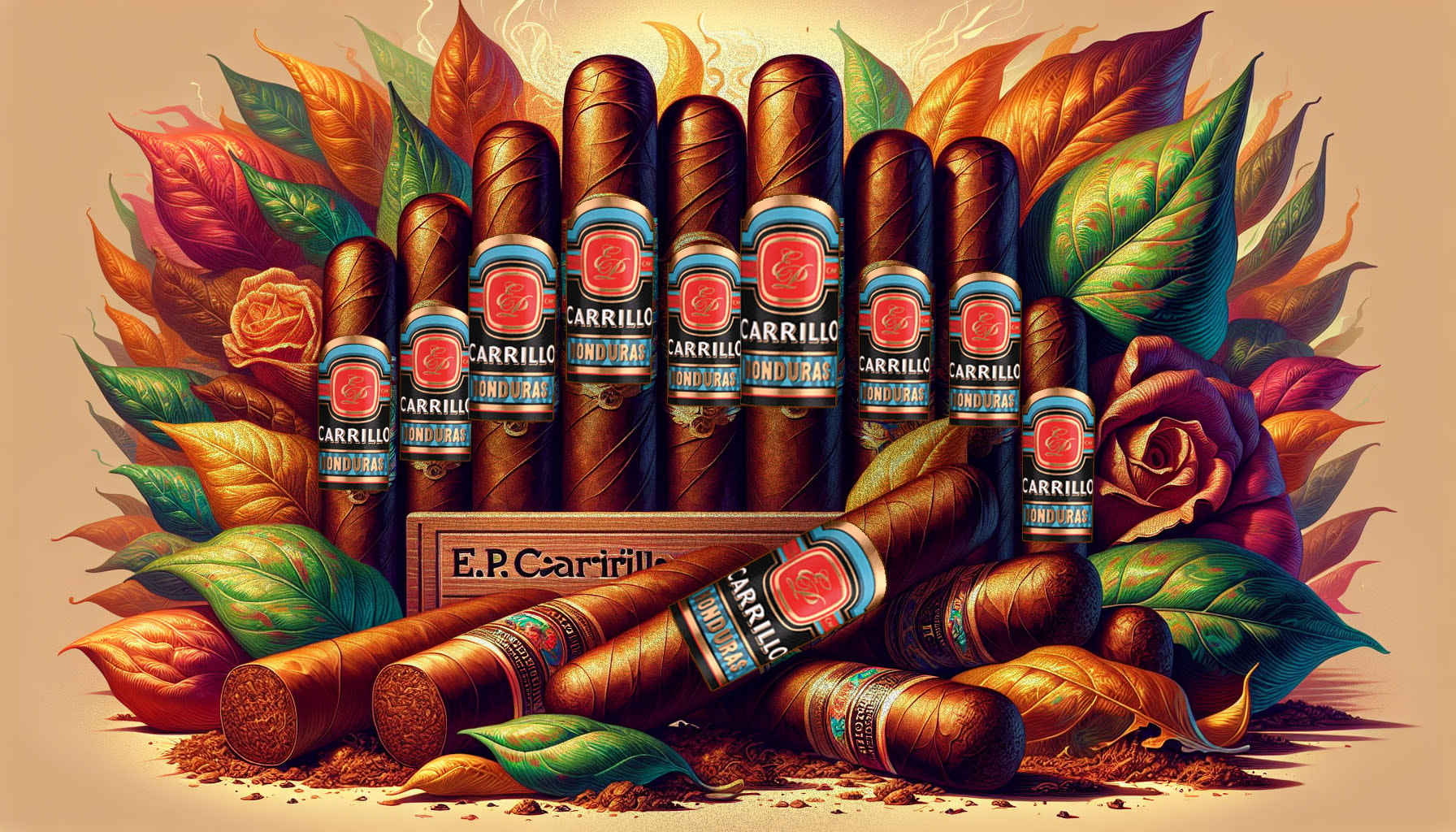 An artistic display of various notable E.P. Carrillo Honduran cigars.