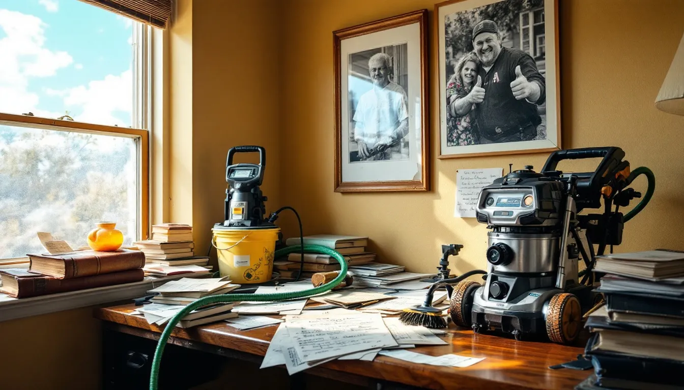 An image depicting various insurance documents and a pressure washing setup, relevant to insurance for pressure washing businesses.