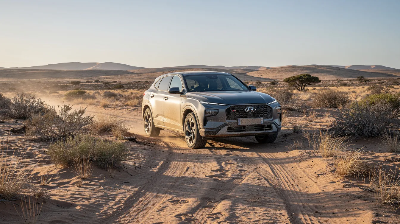 An SUV parked on a sandy desert track.