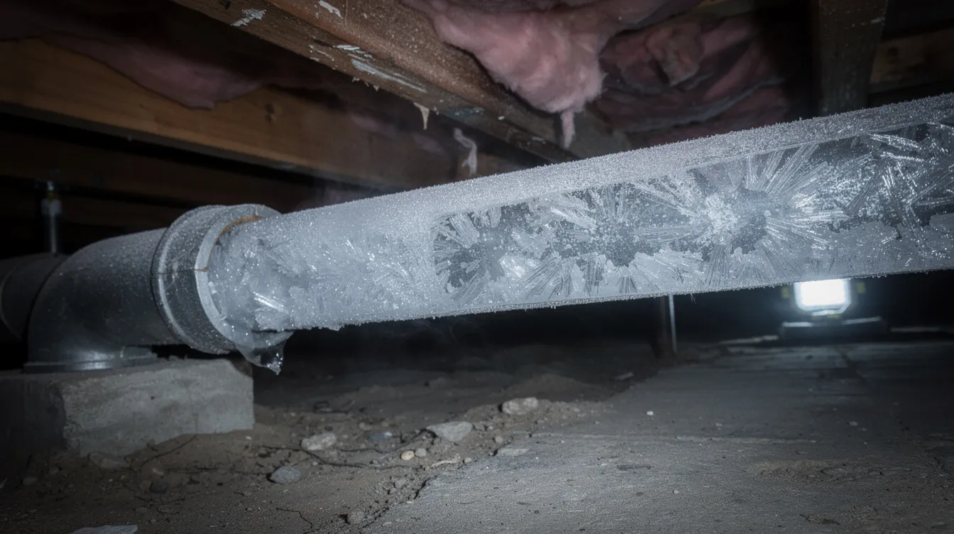 The image shows a frozen water pipe in a dimly lit residential crawl space, with visible ice crystals indicating the severity of the plumbing issue. This situation may require immediate attention from emergency plumbing services to prevent burst pipes and further damage.