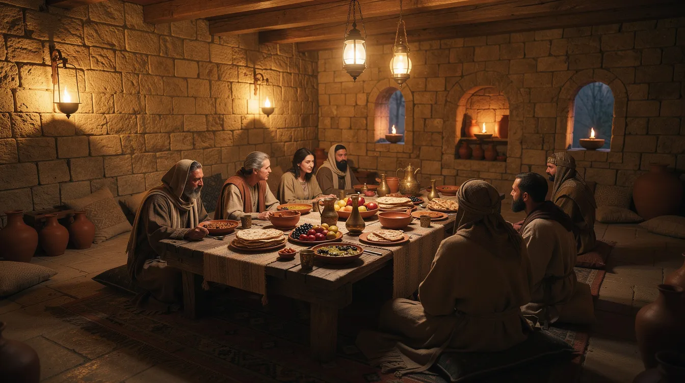 The image depicts a gathering of people reclining at a long rustic table inside an ancient Middle Eastern stone house, illuminated by oil lamps and surrounded by clay dishes. This scene evokes the biblical moment when Jesus ate with sinners and tax collectors, emphasizing the importance of relationships and community in His ministry.