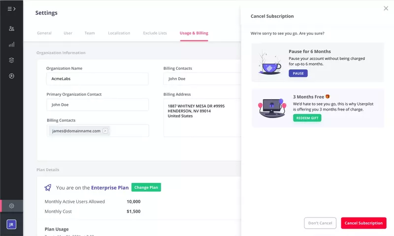 alternativa al churn ofrecida durante el flujo de offboarding