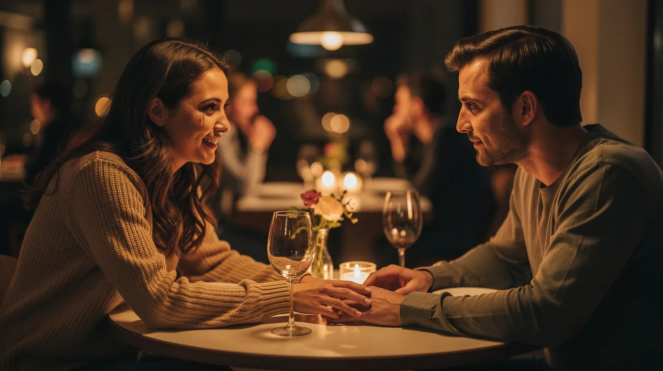 A couple sits closely together at a candlelit table, sharing personal thoughts and engaging in open and honest communication, creating a deep bond filled with emotional intimacy. Their warm smiles and gentle touches convey a strong connection, as they feel safe to express their emotions and dreams for the future.