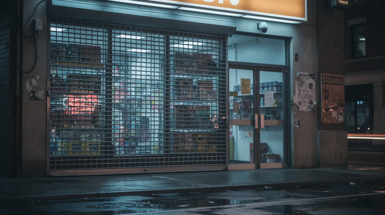 A retail storefront secured at night by protective metal gates over its glass windows. These also serve as civil unrest storefront protection.