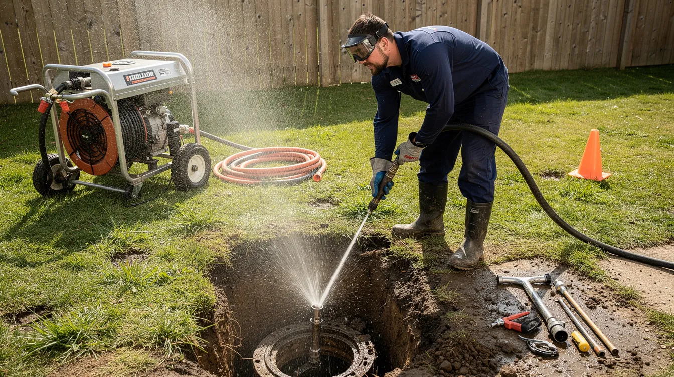 A licensed plumber is using high-pressure water jetting equipment to clear a blockage in an outdoor sewer line, focusing on removing tree root intrusion and debris to prevent sewage backups. The scene captures the plumber in action, demonstrating preventative maintenance on the plumbing system to ensure proper function.