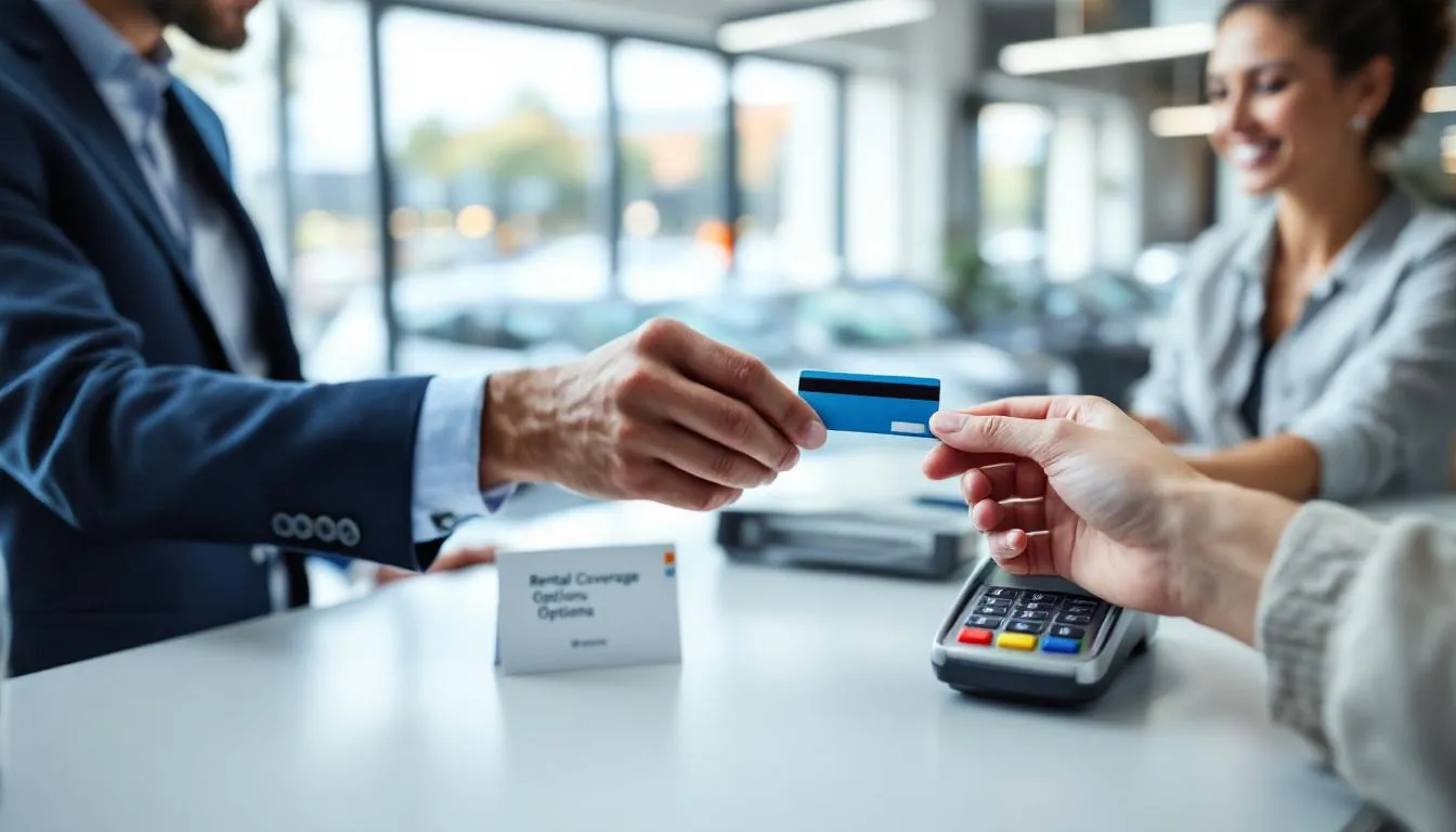 A customer is at a car rental counter, paying with a credit card while the agent smiles and hands over the car keys. The scene highlights the importance of making informed decisions about rental car insurance, with a brochure titled "Rental Coverage Options" visible on the counter.