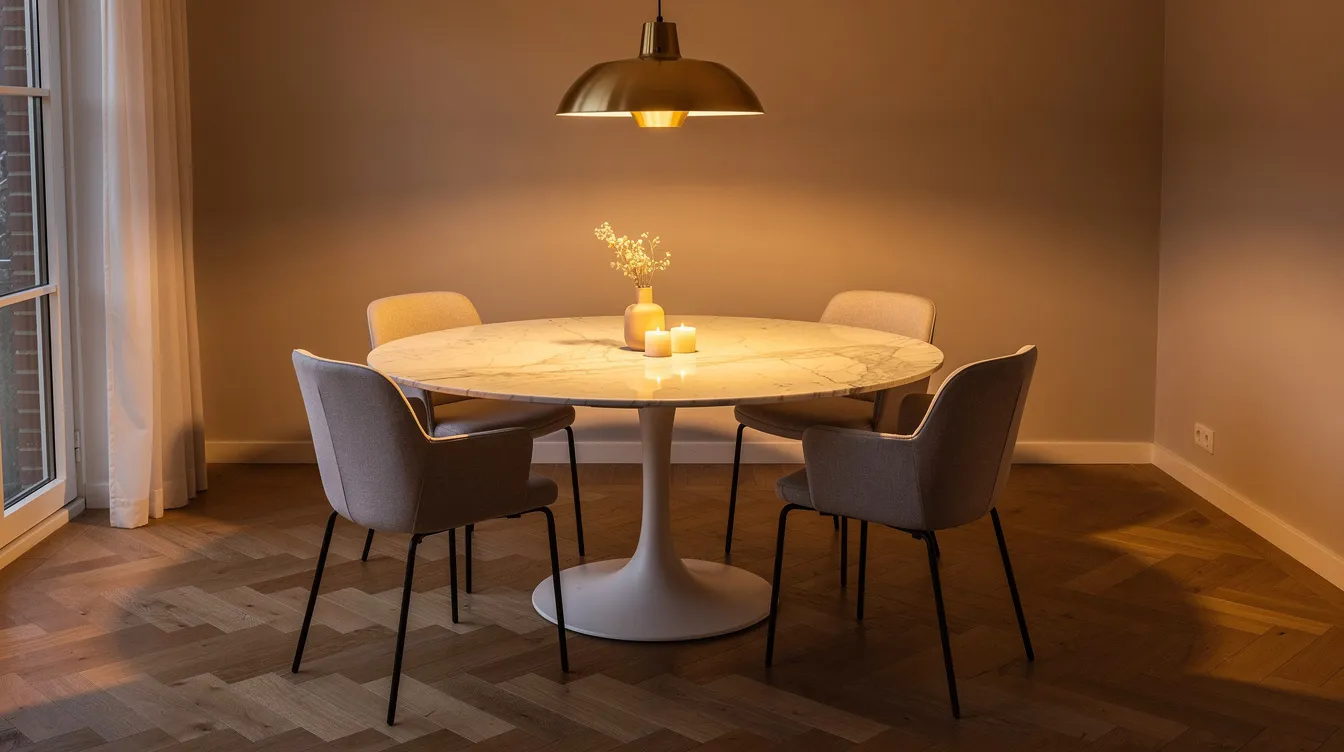 Een gezellige eetkamer met een ronde marmeren eettafel in het midden, omringd door vier comfortabele stoelen en verlicht door een hanglamp met warm licht. De marmeren tafel, met zijn unieke uitstraling en gladde oppervlak, voegt een eigentijdse look toe aan het interieur.