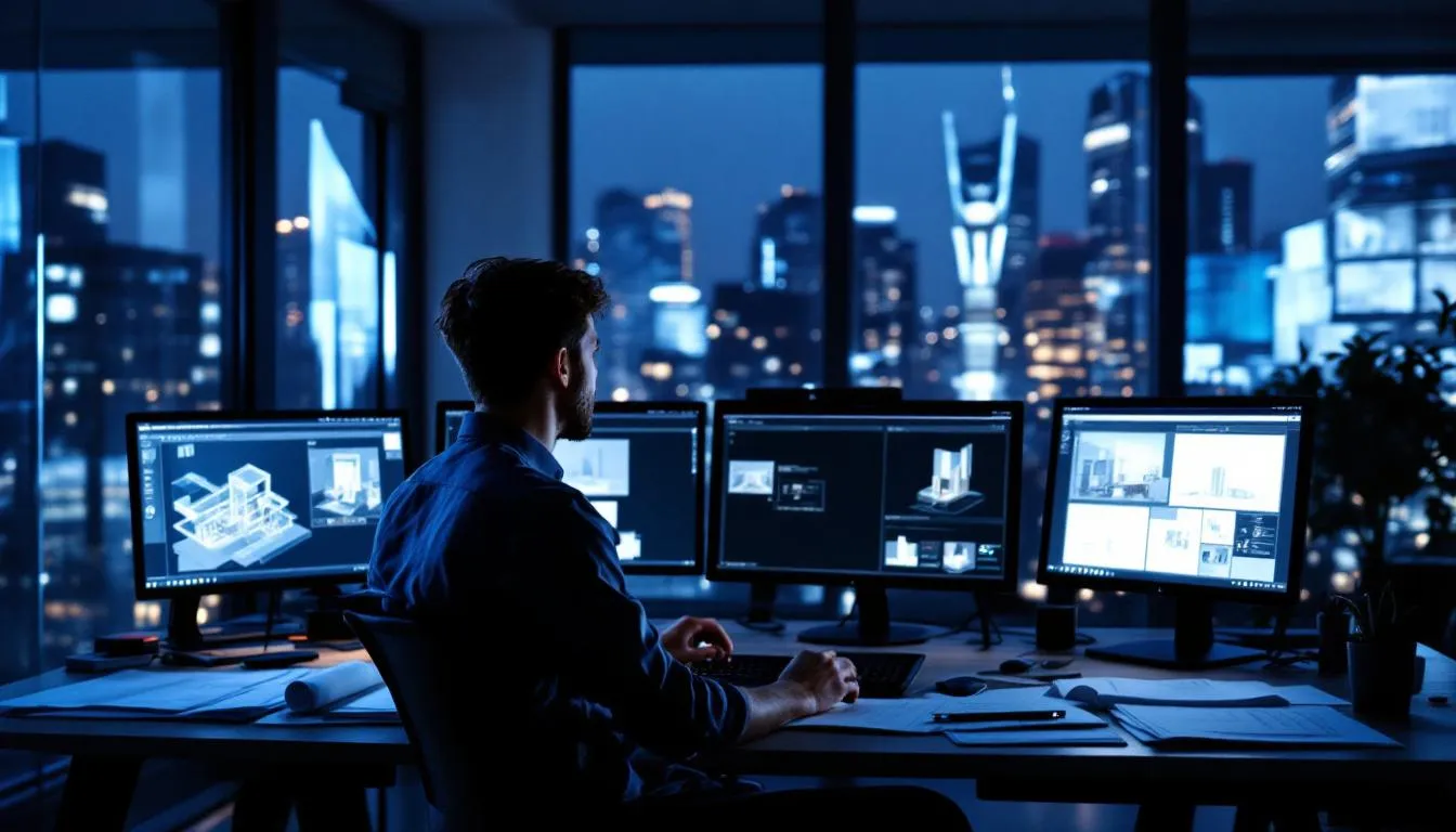 A young architect is working late at night in a dimly lit office, surrounded by multiple computer screens and scattered architectural drawings, illustrating the pressures of overwork culture in the industry. This scene highlights the challenges faced by service workers and the importance of advocating for fair wages and better working conditions through collective bargaining agreements.