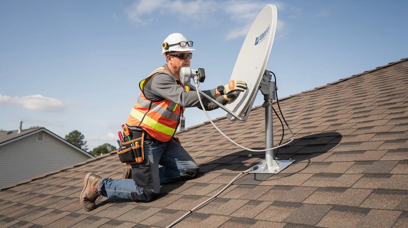 A professional technician is carefully aligning a satellite dish on a residential rooftop to ensure optimal signal reception for a DSTV installation. The technician is equipped with tools and is focused on providing high-quality service to prevent any potential signal problems.
