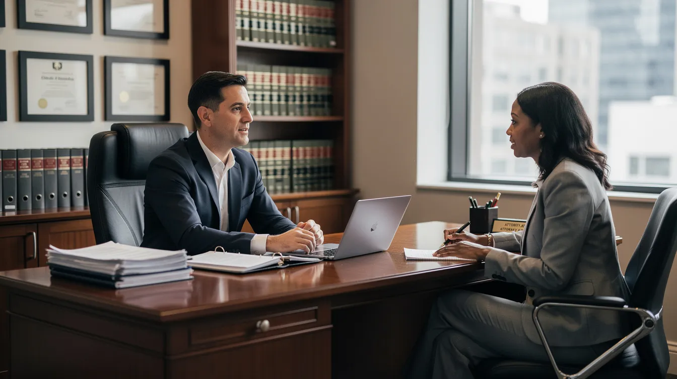 The image depicts a professional meeting in an office setting between a child custody attorney and a client, discussing important aspects of a child custody case. The attorney is providing legal expertise on custody arrangements and family law matters, ensuring the client understands their rights and options in the custody proceedings.