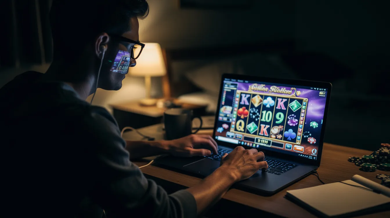A person is focused on playing casino games on their laptop in a dimly lit room, highlighting the immersive experience of online gambling. This scene captures the essence of online casinos, where players can enjoy live dealer games and online slots from the comfort of their homes.