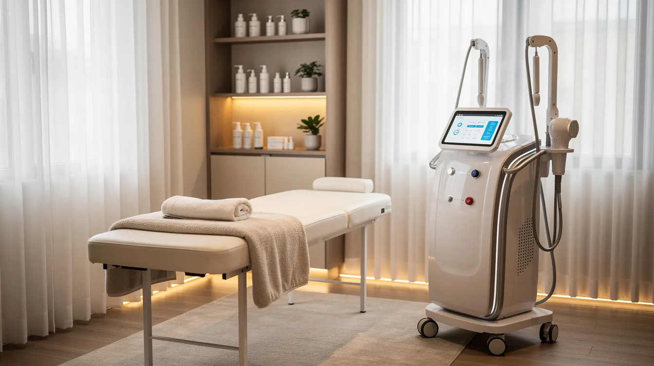 The image depicts a serene aesthetic treatment room featuring a modern body-contouring device positioned next to a treatment table, ideal for non-invasive body sculpting treatments targeting stubborn fat in areas like the abdomen and thighs. The calming environment suggests a focus on achieving personalized results for patients seeking fat reduction and skin tightening.